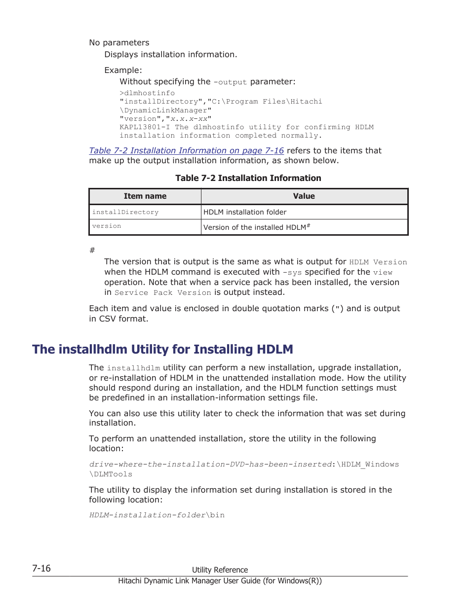 The installhdlm utility for installing hdlm, The installhdlm utility for installing hdlm -16, The installhdlm utility for installing hdlm on | Utility, see, The installhdlm utility for installing, Installations, see | HP Hitachi Dynamic Link Manager Software User Manual | Page 270 / 422
