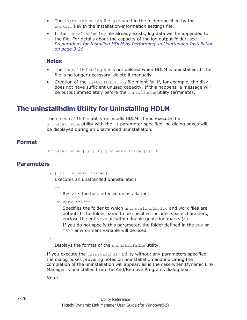 The uninstallhdlm utility for uninstalling hdlm, Format, Parameters | Format -26, Parameters -26, Utility, see, The uninstallhdlm, The uninstallhdlm utility for | HP Hitachi Dynamic Link Manager Software User Manual | Page 280 / 422