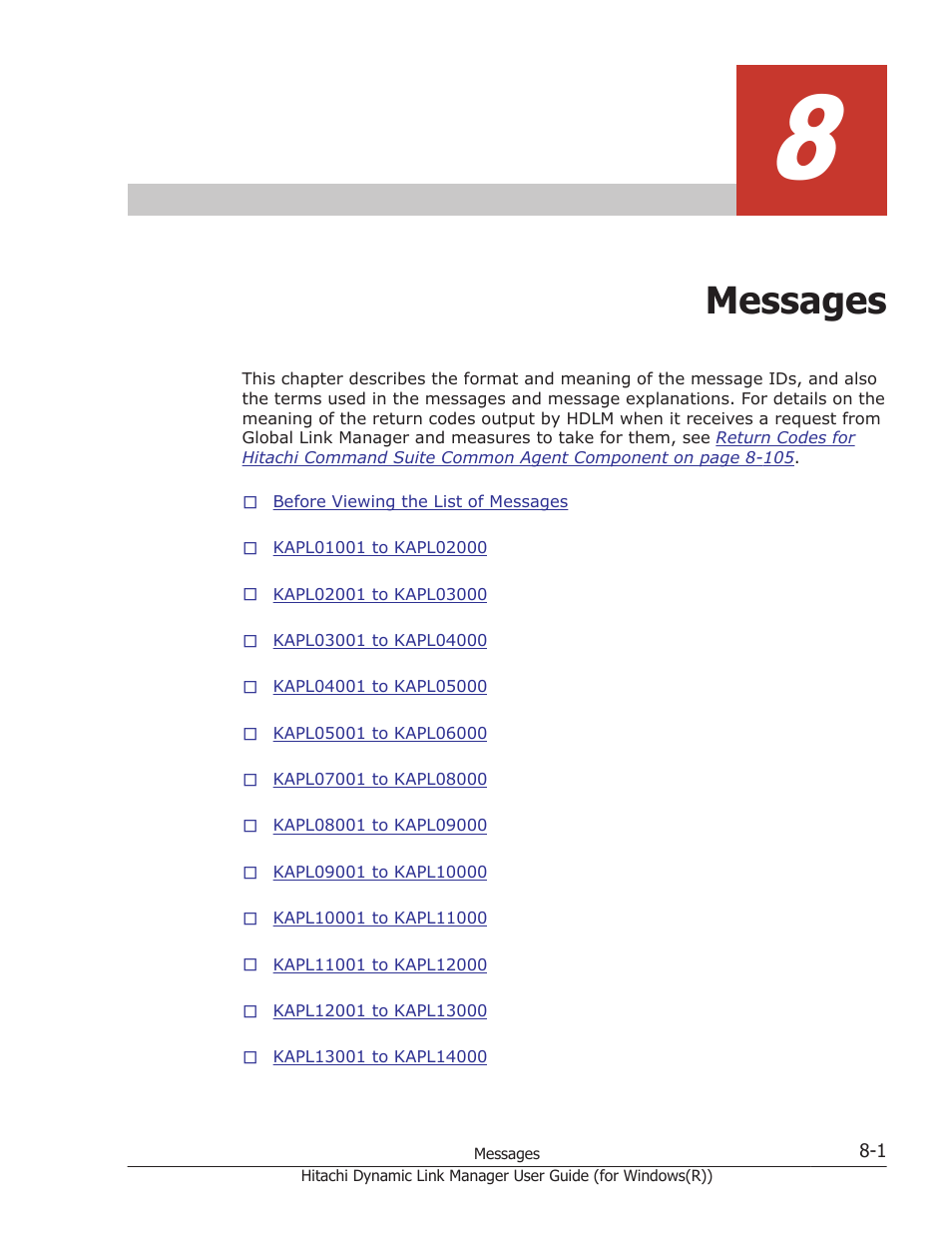 Messages, 8 messages -1, Follow the recommended actions for messages in | HP Hitachi Dynamic Link Manager Software User Manual | Page 283 / 422