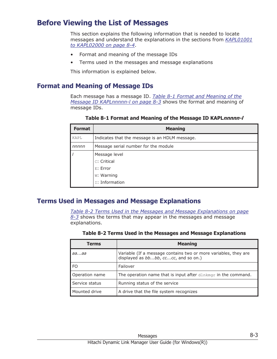 Before viewing the list of messages, Format and meaning of message ids, Terms used in messages and message explanations | Before viewing the list of messages -3, Format and meaning of message ids -3, Terms used in messages and message explanations -3 | HP Hitachi Dynamic Link Manager Software User Manual | Page 285 / 422