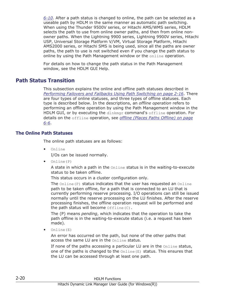 Path status transition, Path status transition -20, The online path statuses -20 | Path | HP Hitachi Dynamic Link Manager Software User Manual | Page 40 / 422