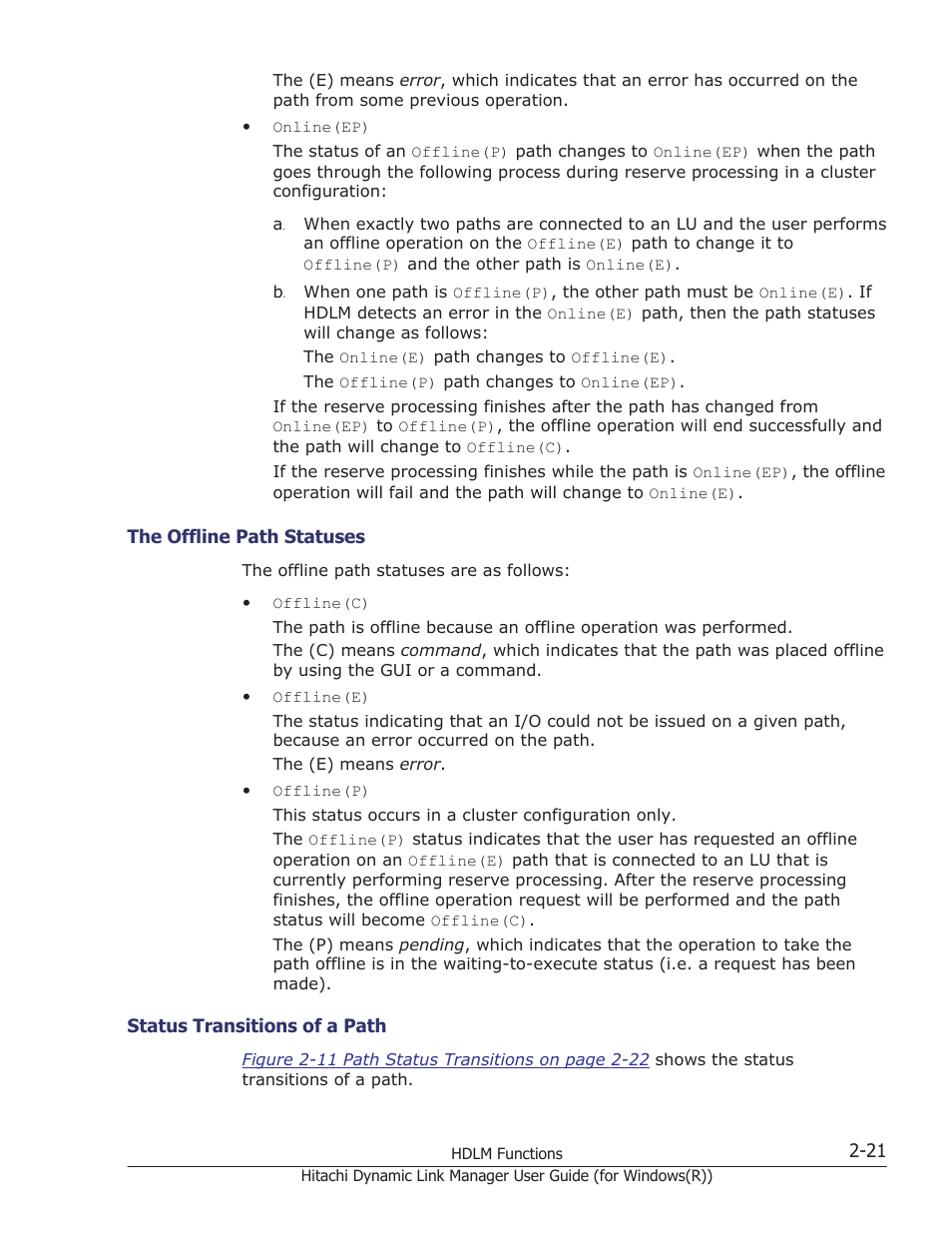 The offline path statuses -21, Status transitions of a path -21 | HP Hitachi Dynamic Link Manager Software User Manual | Page 41 / 422