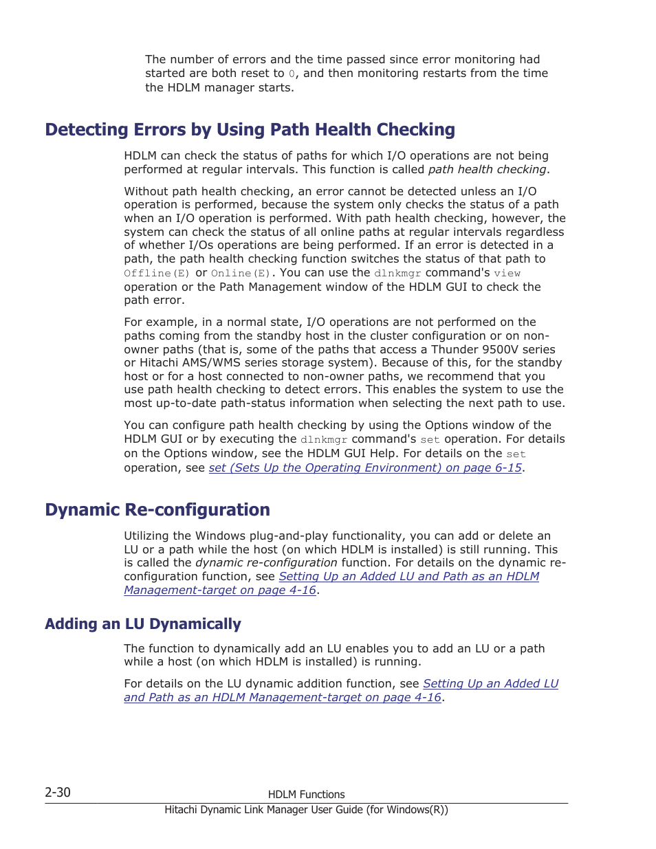 Detecting errors by using path health checking, Dynamic re-configuration, Adding an lu dynamically | Detecting errors by using path health checking -30, Dynamic re-configuration -30, Adding an lu dynamically -30 | HP Hitachi Dynamic Link Manager Software User Manual | Page 50 / 422