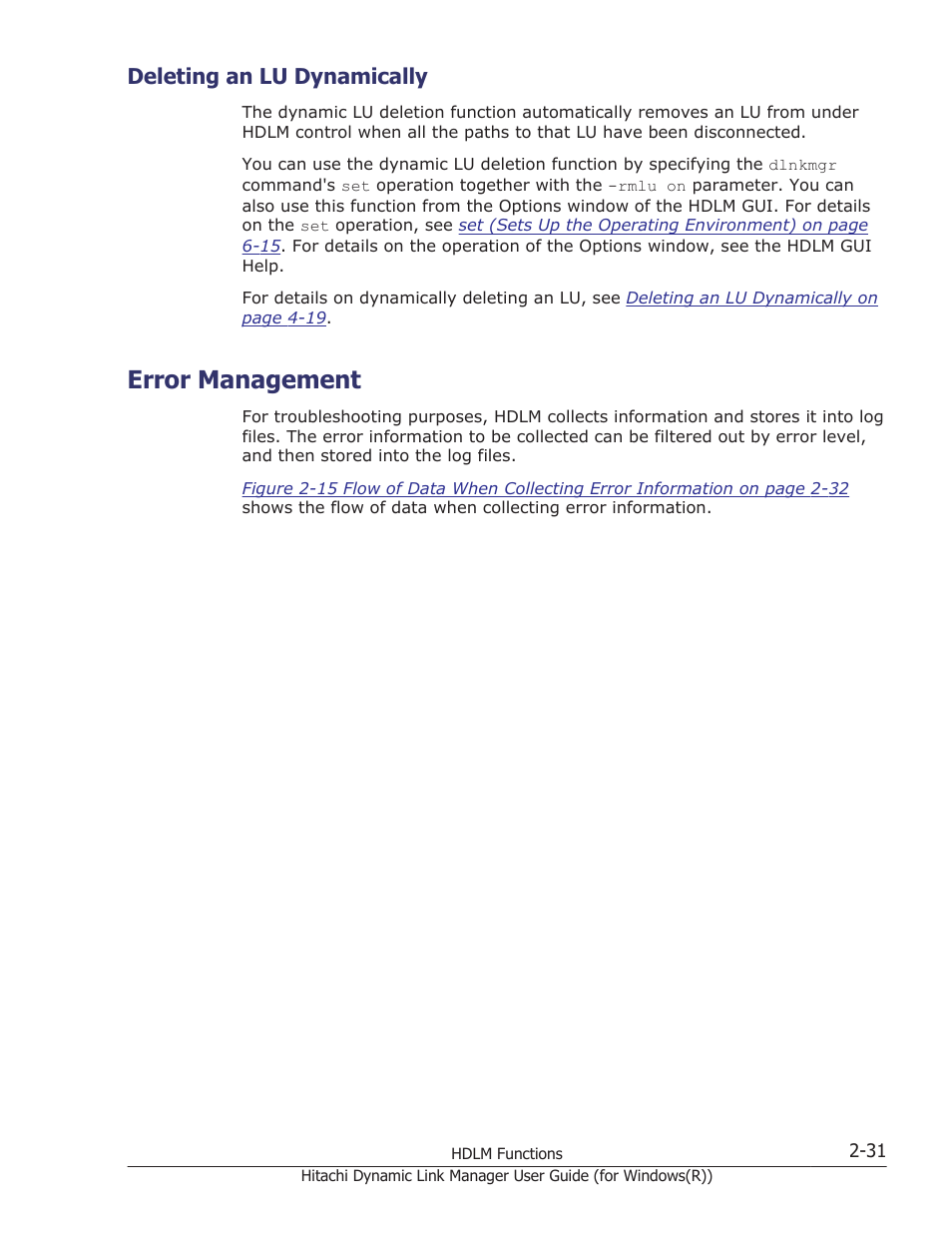 Deleting an lu dynamically, Error management, Deleting an lu dynamically -31 | Error management -31 | HP Hitachi Dynamic Link Manager Software User Manual | Page 51 / 422