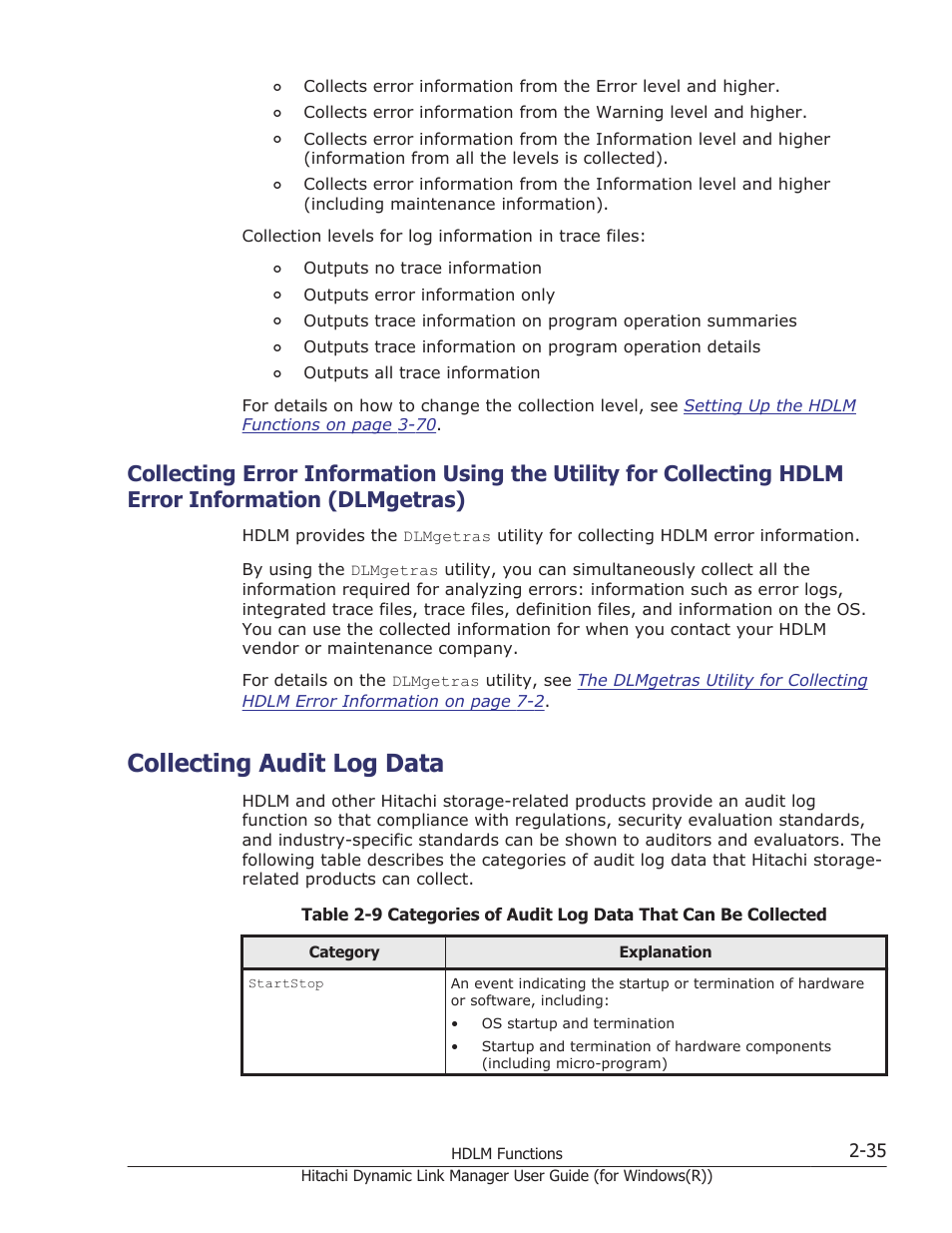 Collecting audit log data, Dlmgetras) -35, Collecting audit log data -35 | HP Hitachi Dynamic Link Manager Software User Manual | Page 55 / 422