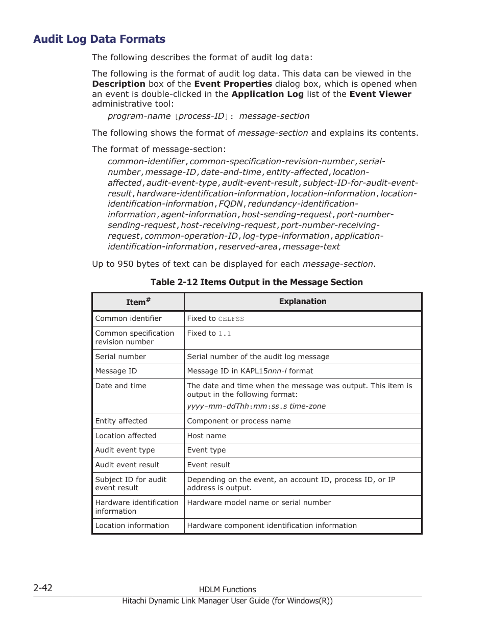 Audit log data formats, Audit log data formats -42 | HP Hitachi Dynamic Link Manager Software User Manual | Page 62 / 422