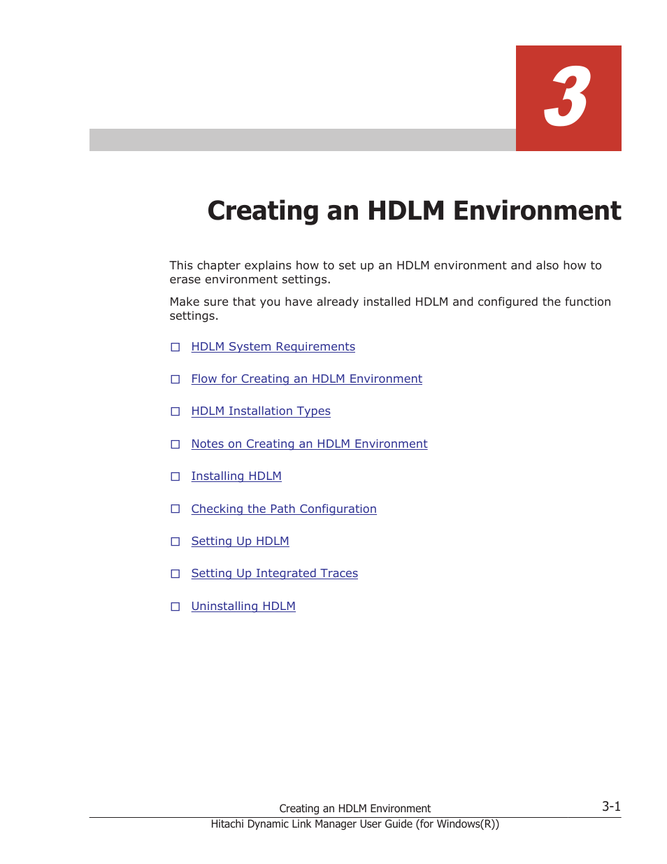 Creating an hdlm environment, 3 creating an hdlm environment -1, 3 creating an hdlm | HP Hitachi Dynamic Link Manager Software User Manual | Page 67 / 422