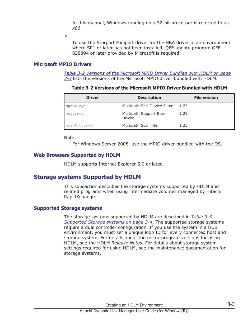 Storage systems supported by hdlm, Microsoft mpio drivers -3, Web browsers supported by hdlm -3 | Storage systems supported by hdlm -3, Supported storage systems -3 | HP Hitachi Dynamic Link Manager Software User Manual | Page 69 / 422