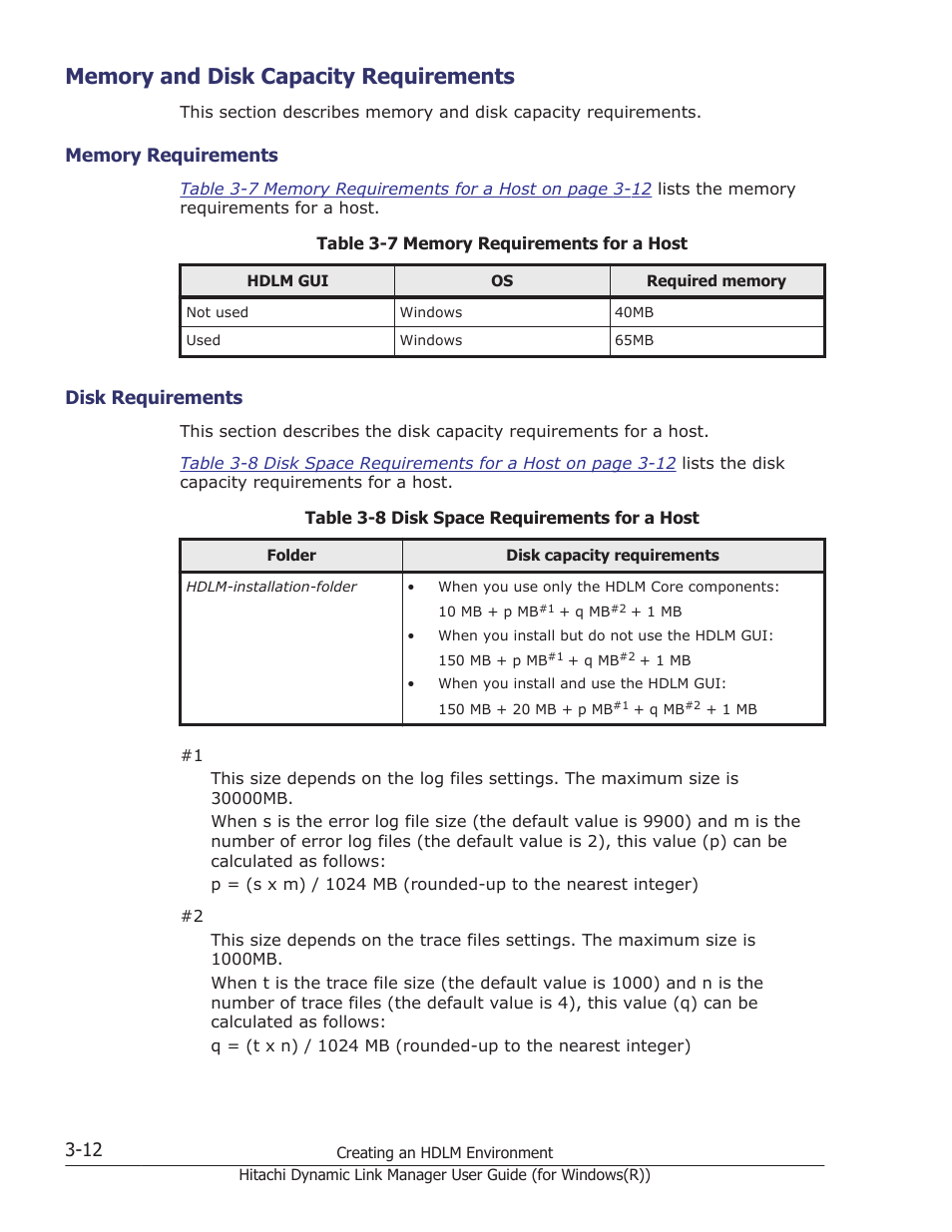 Memory and disk capacity requirements, Memory and disk capacity requirements -12, Memory requirements -12 | Disk requirements -12 | HP Hitachi Dynamic Link Manager Software User Manual | Page 78 / 422