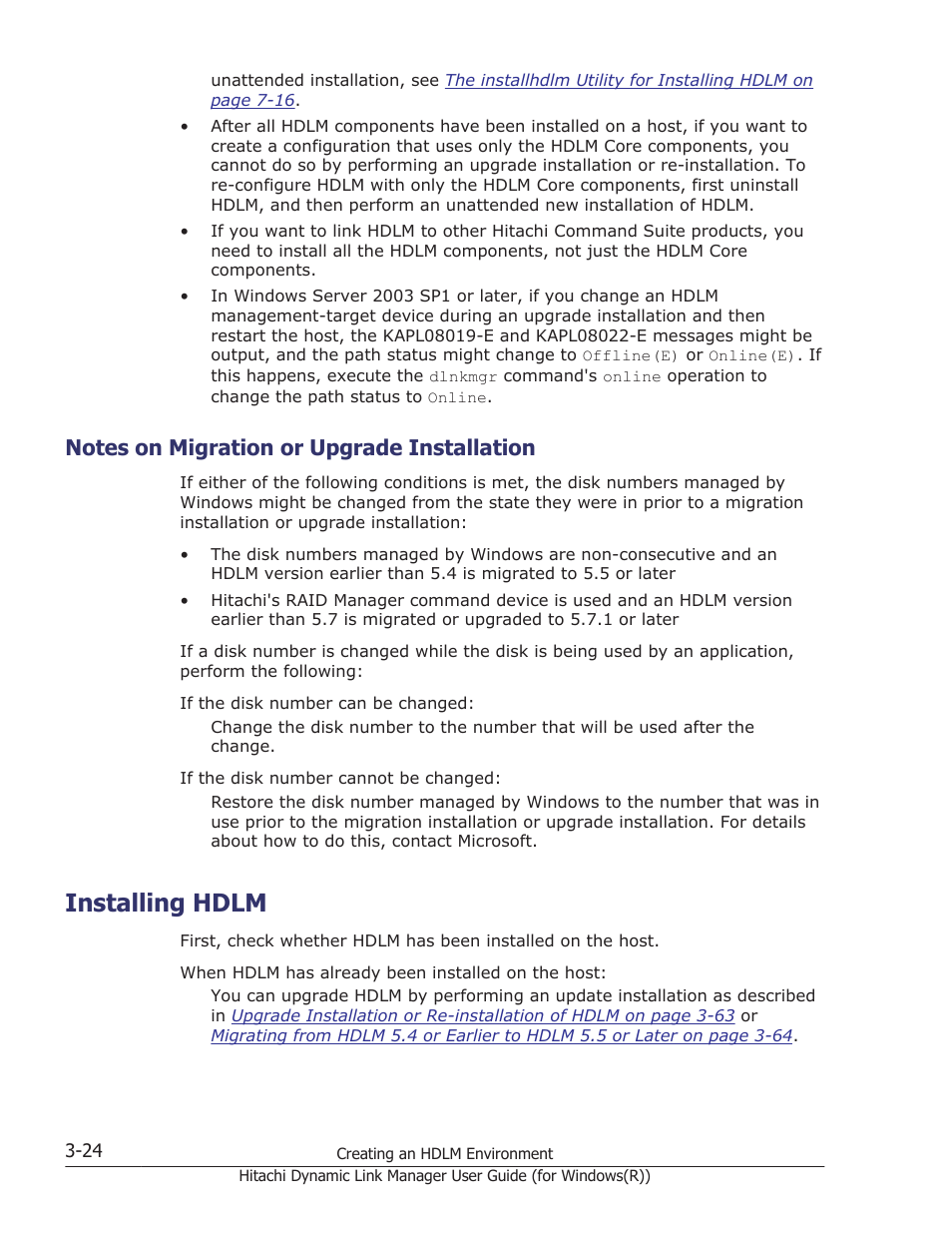 Notes on migration or upgrade installation, Installing hdlm, Notes on migration or upgrade installation -24 | Installing hdlm -24 | HP Hitachi Dynamic Link Manager Software User Manual | Page 90 / 422