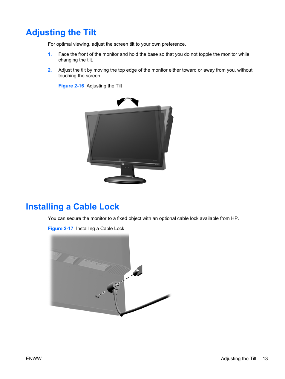 Adjusting the tilt, Installing a cable lock, Adjusting the tilt installing a cable lock | HP Passport 1912nm 18.5-inch Internet Monitor User Manual | Page 19 / 33