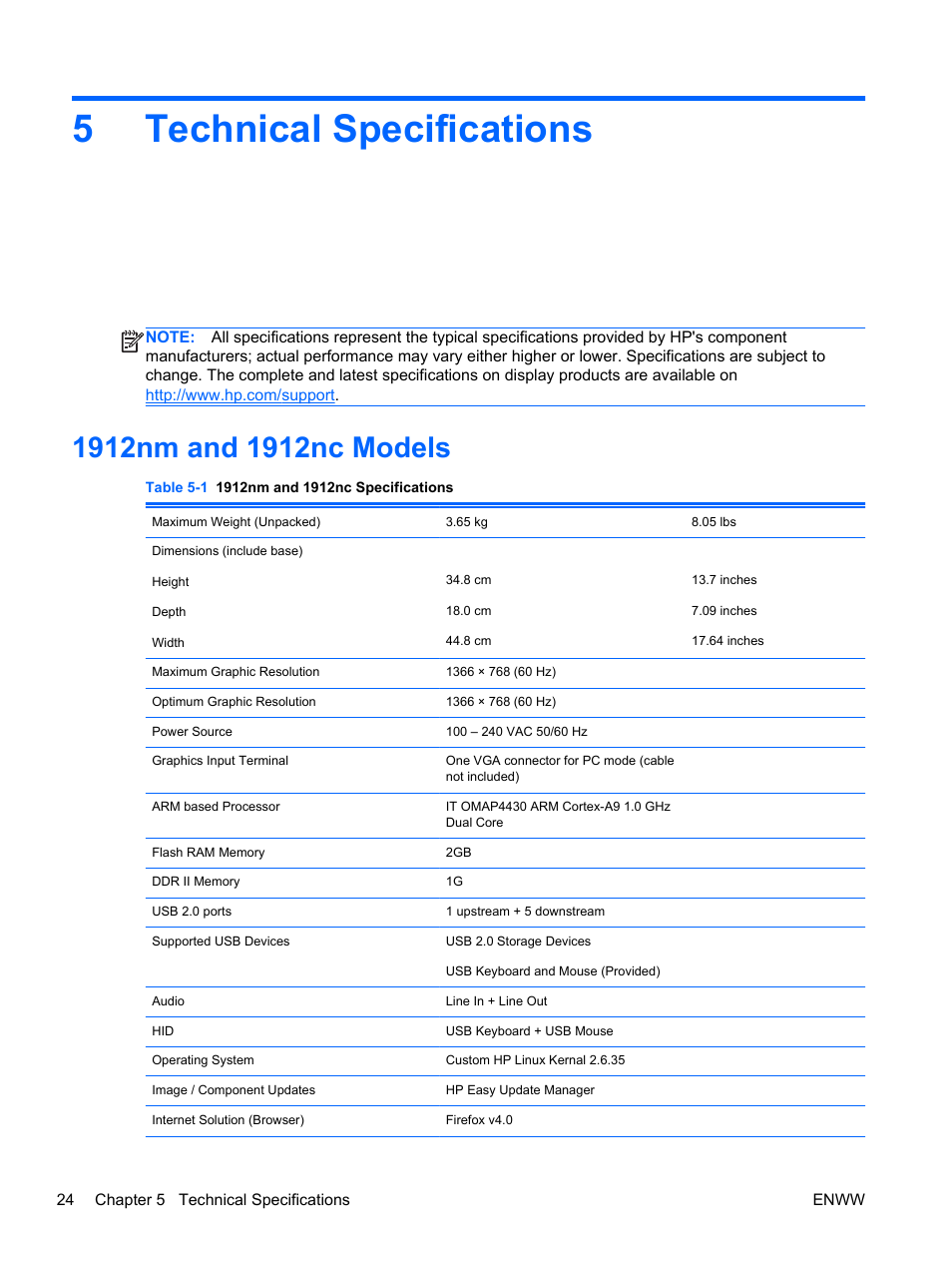 Technical specifications, 1912nm and 1912nc models, 5 technical specifications | 5technical specifications | HP Passport 1912nm 18.5-inch Internet Monitor User Manual | Page 30 / 33