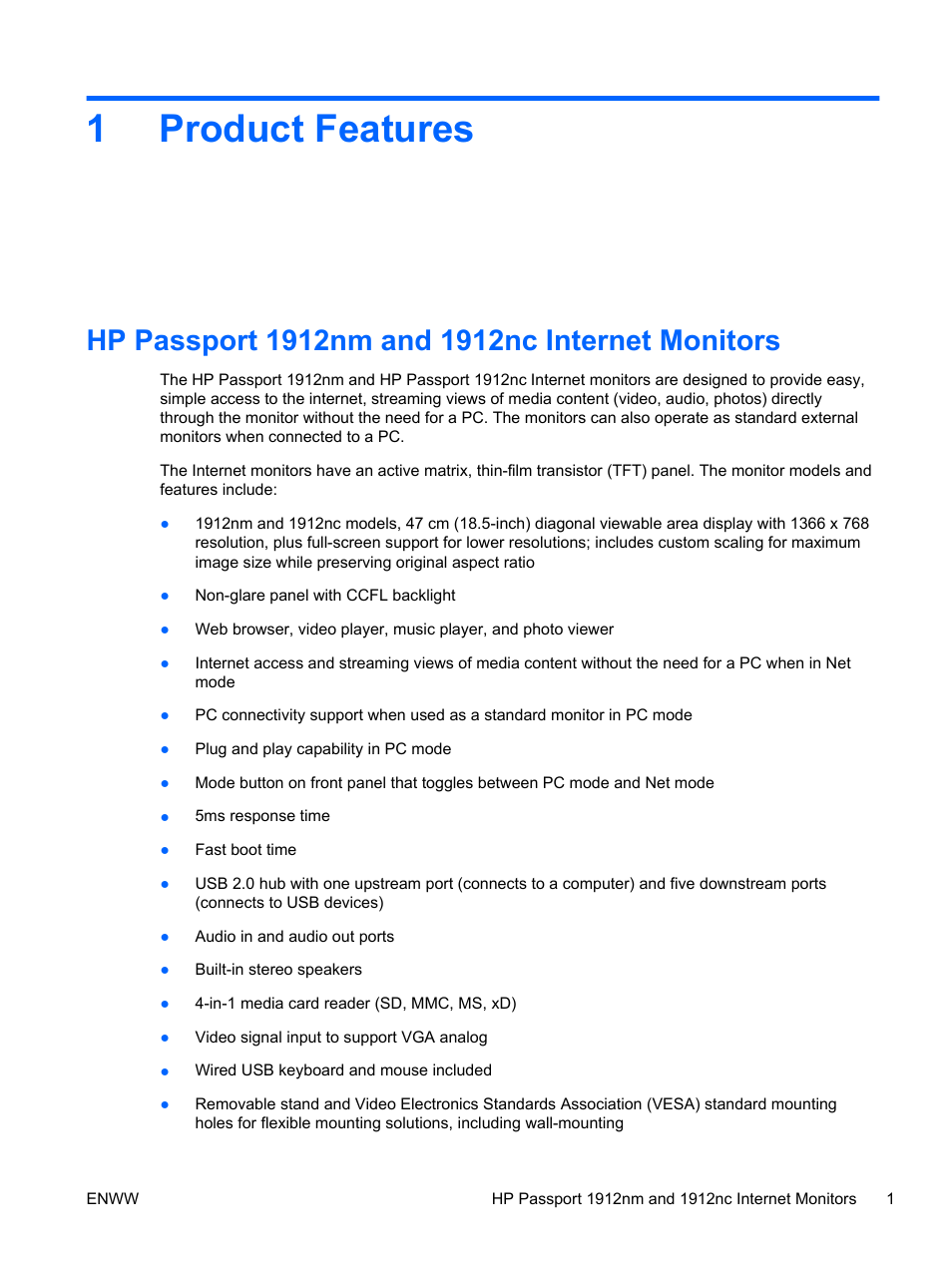 Product features, Hp passport 1912nm and 1912nc internet monitors, 1 product features | 1product features | HP Passport 1912nm 18.5-inch Internet Monitor User Manual | Page 7 / 33