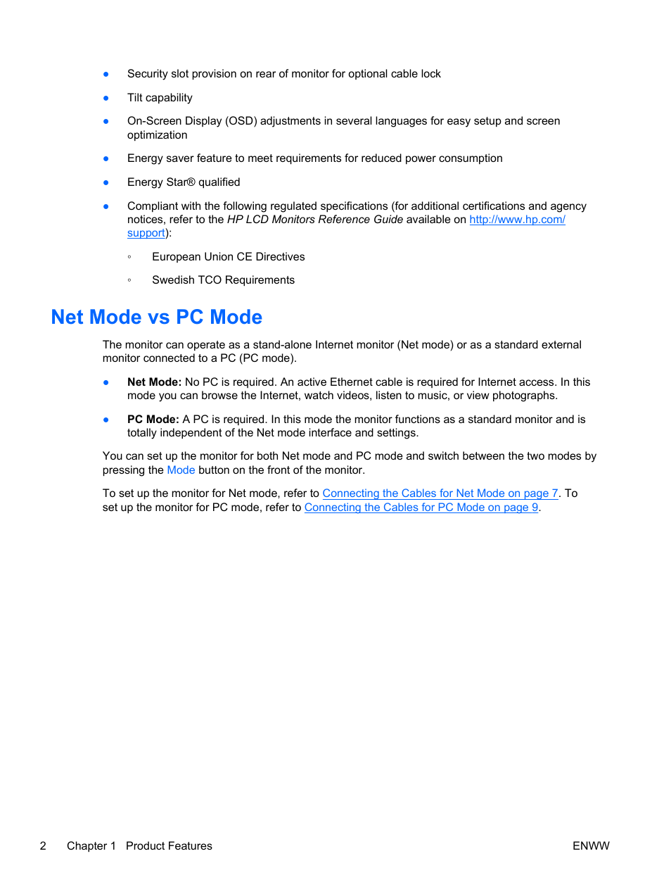 Net mode vs pc mode | HP Passport 1912nm 18.5-inch Internet Monitor User Manual | Page 8 / 33