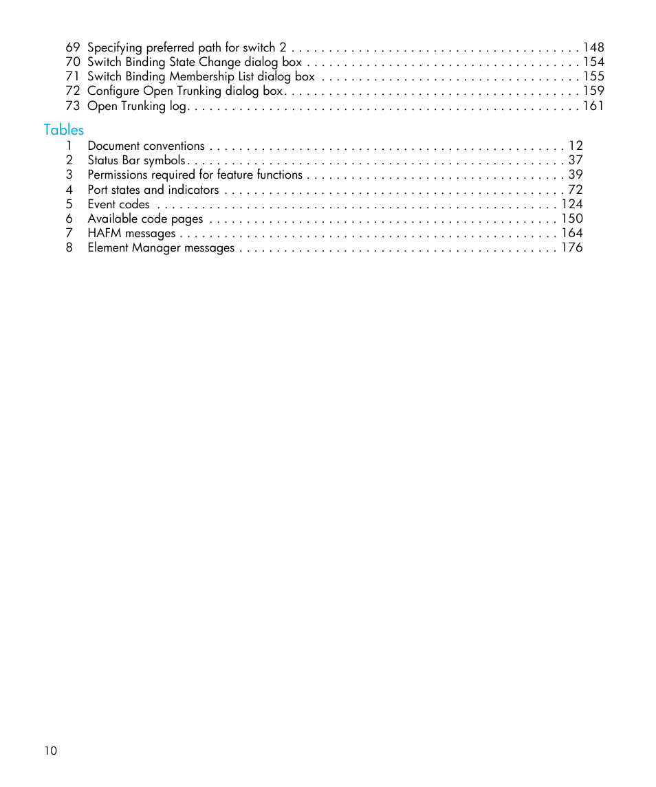 Tables | HP StorageWorks 2.32 Edge Switch User Manual | Page 10 / 202