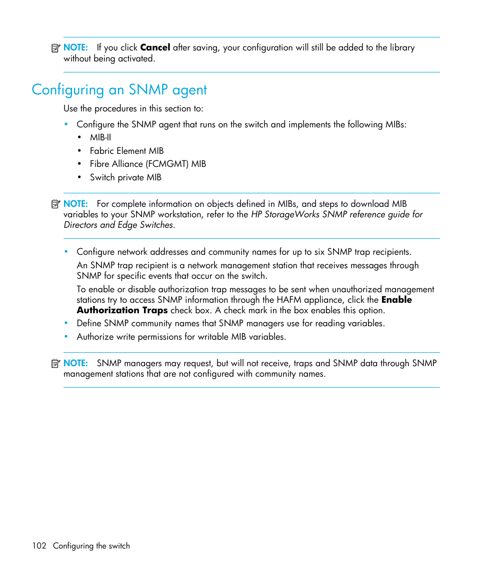 Configuring an snmp agent | HP StorageWorks 2.32 Edge Switch User Manual | Page 102 / 202