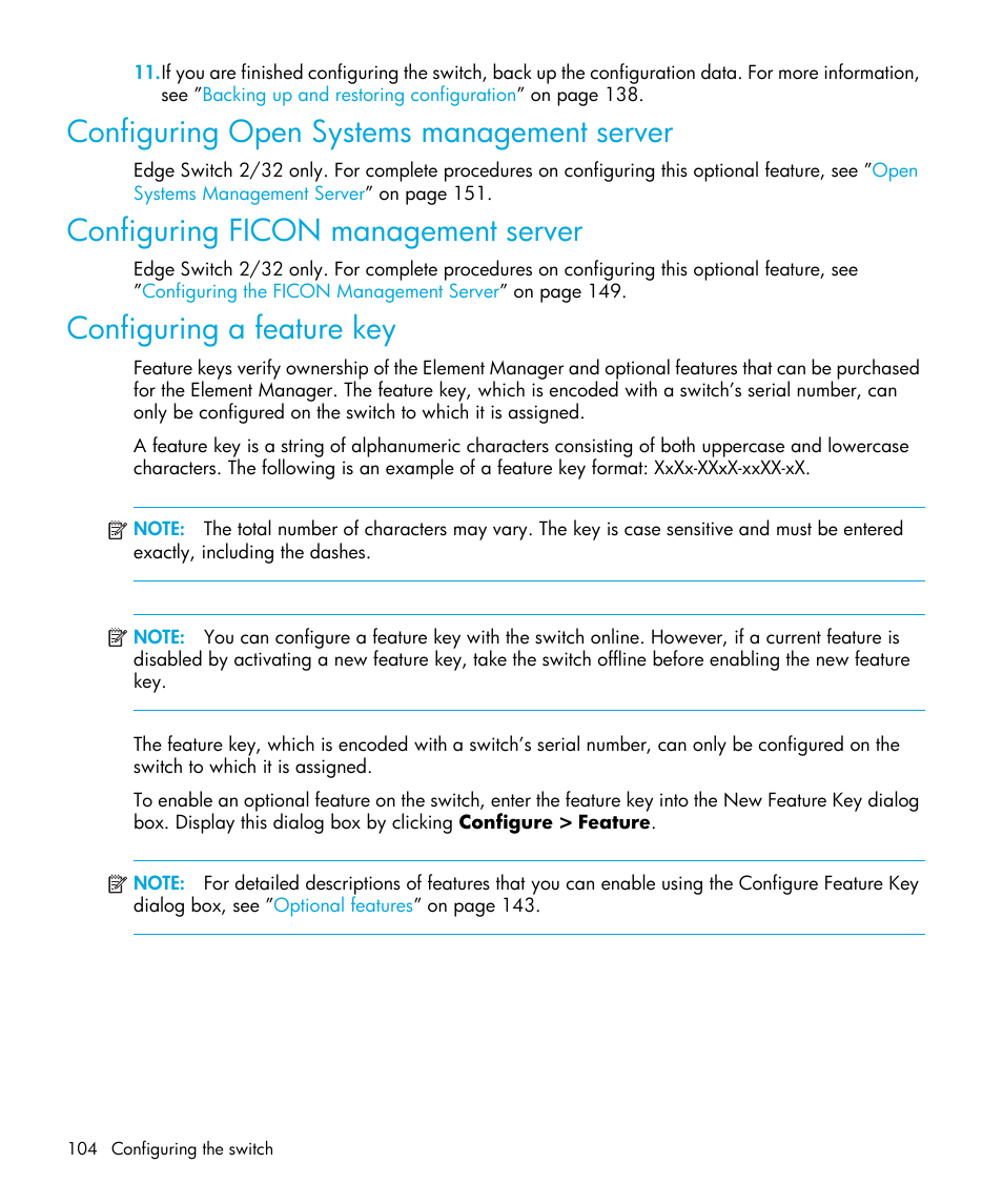 Configuring open systems management server, Configuring ficon management server, Configuring a feature key | Configuring a, Box. see, For more | HP StorageWorks 2.32 Edge Switch User Manual | Page 104 / 202