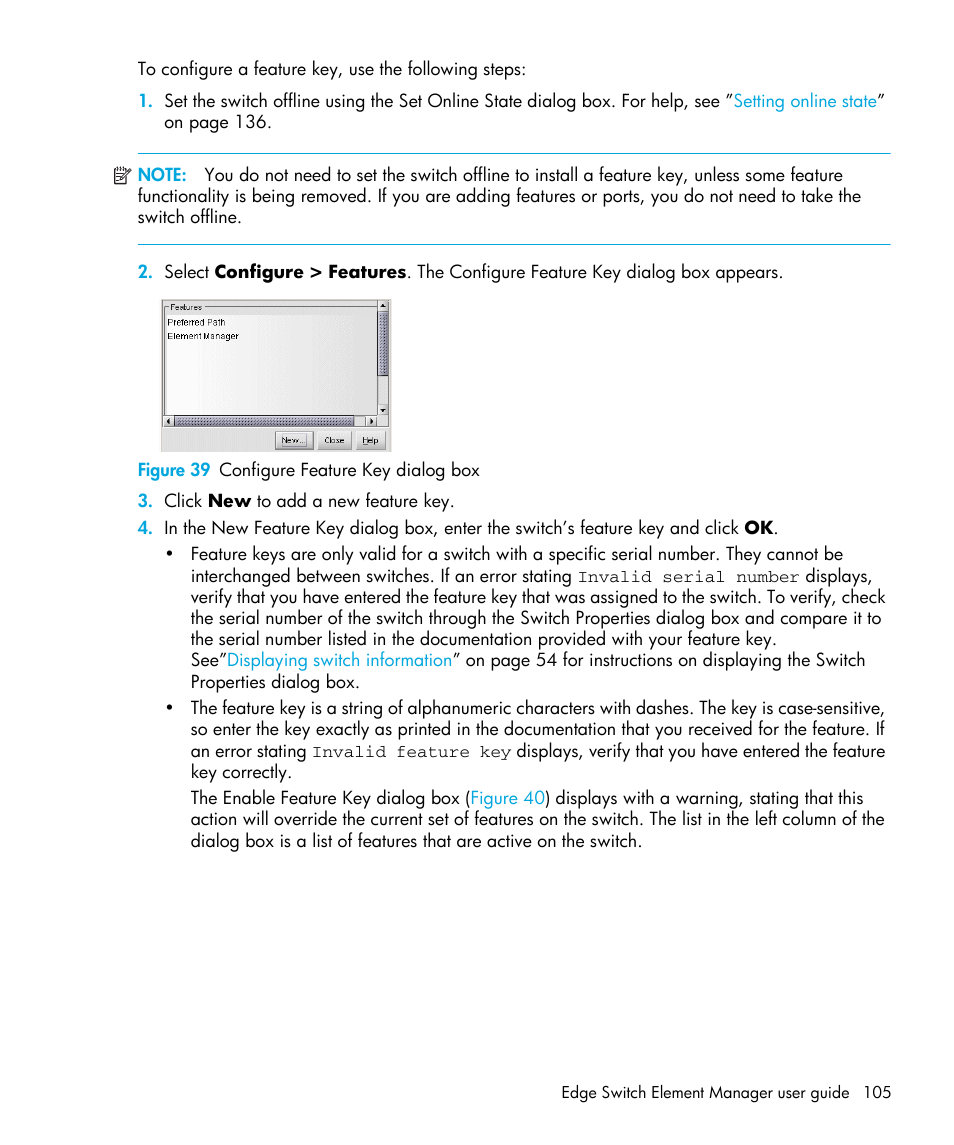Figure 39 configure feature key dialog box, 39 configure feature key dialog box | HP StorageWorks 2.32 Edge Switch User Manual | Page 105 / 202