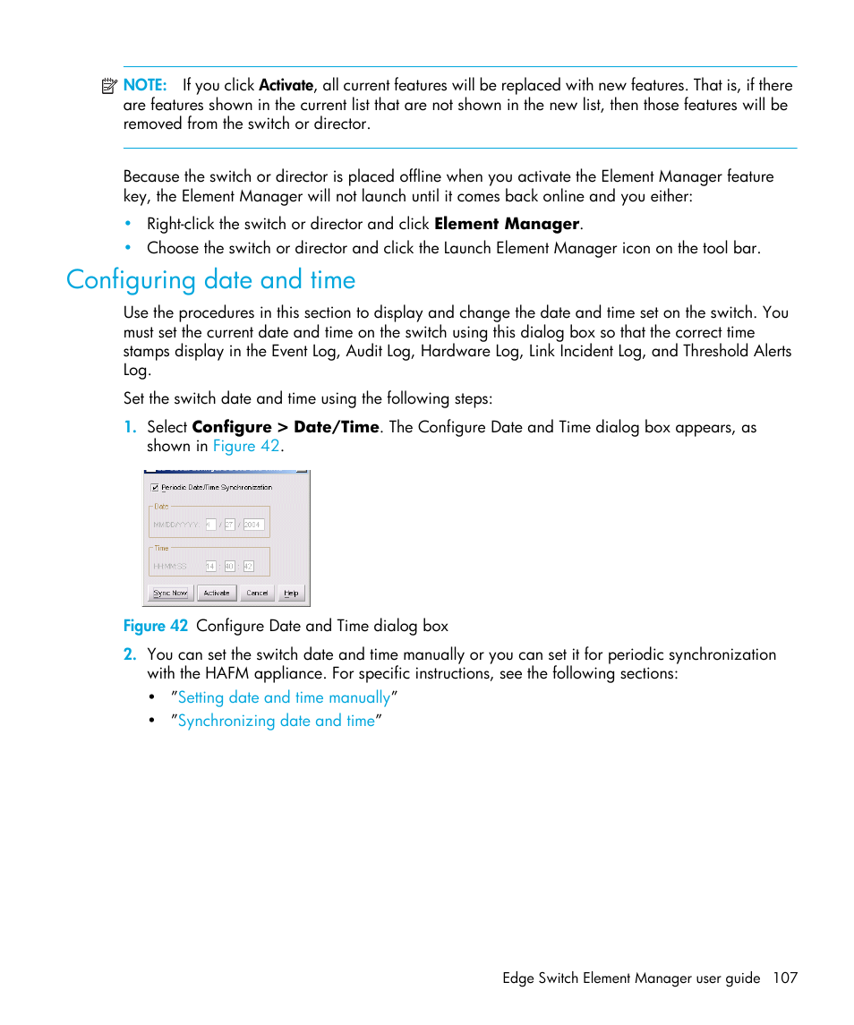 Configuring date and time, Figure 42 configure date and time dialog box, 42 configure date and time dialog box | HP StorageWorks 2.32 Edge Switch User Manual | Page 107 / 202