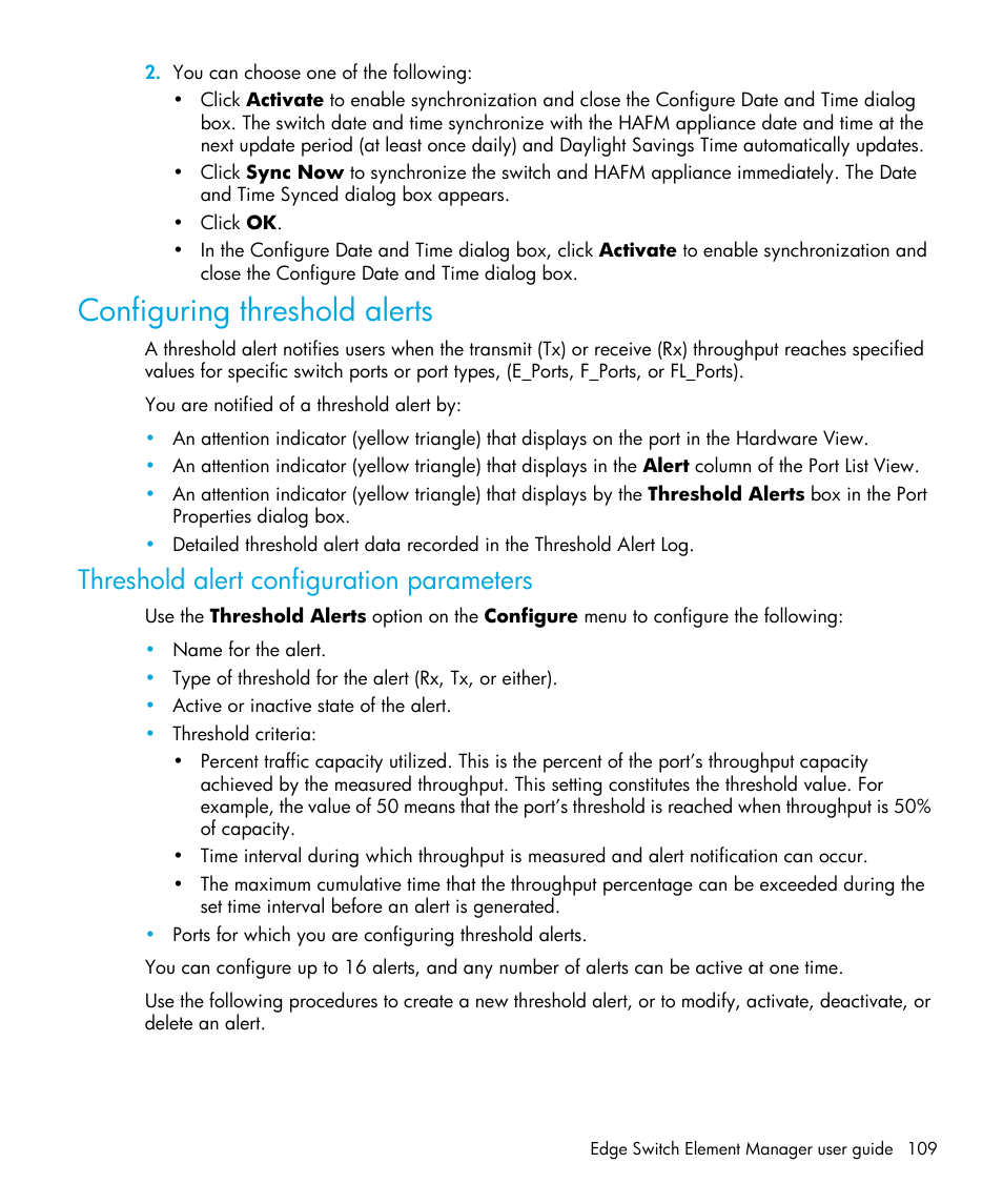 Configuring threshold alerts, Threshold alert configuration parameters | HP StorageWorks 2.32 Edge Switch User Manual | Page 109 / 202