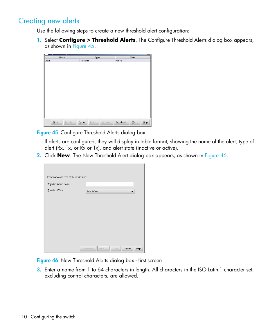 Creating new alerts, Figure 45 configure threshold alerts dialog box, 45 configure threshold alerts dialog box | 46 new threshold alerts dialog box - first screen | HP StorageWorks 2.32 Edge Switch User Manual | Page 110 / 202