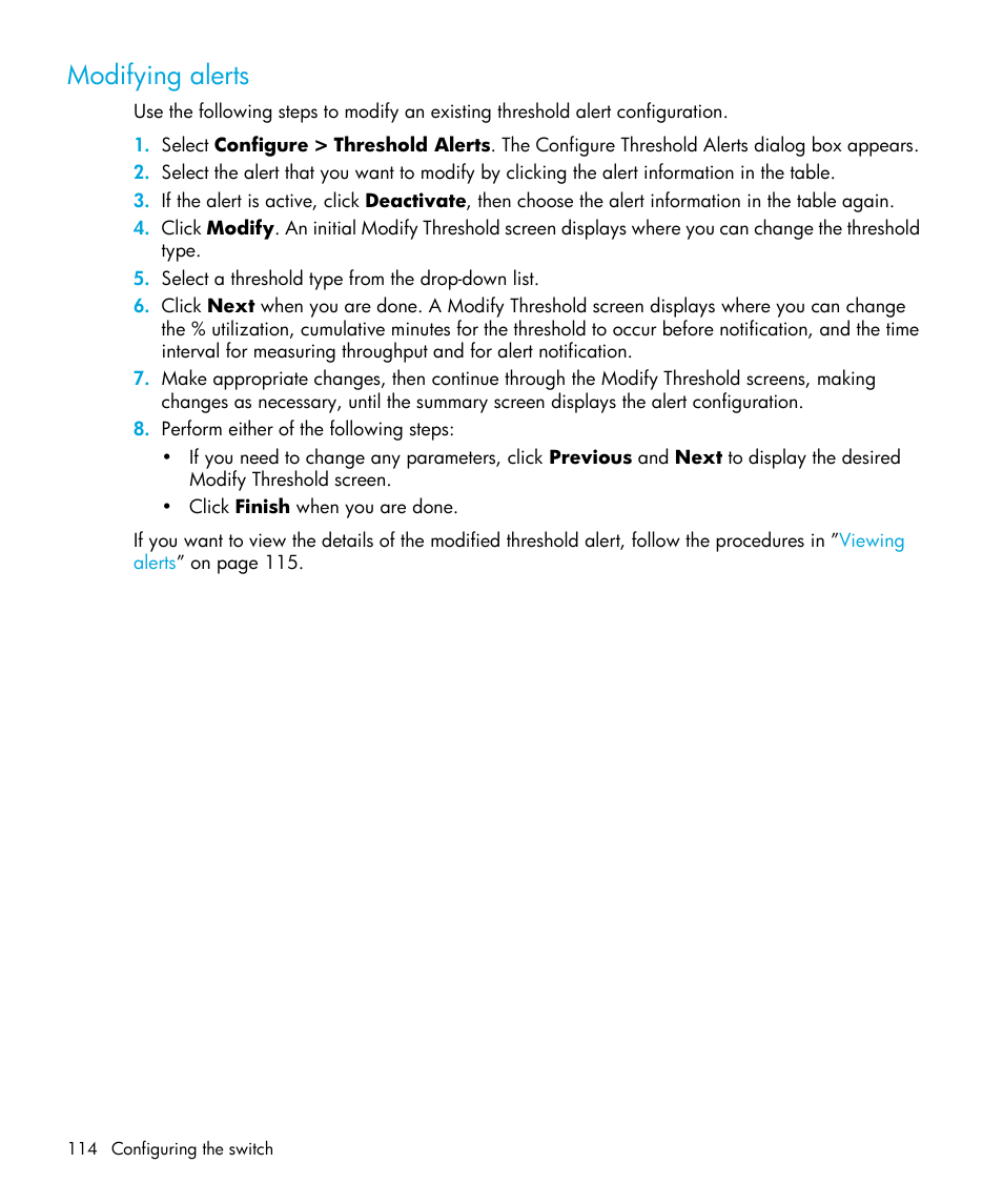 Modifying alerts | HP StorageWorks 2.32 Edge Switch User Manual | Page 114 / 202