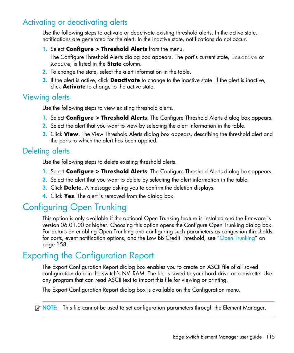 Activating or deactivating alerts, Viewing alerts, Deleting alerts | Configuring open trunking, Exporting the configuration report, Ocedures in, Viewing, Alerts | HP StorageWorks 2.32 Edge Switch User Manual | Page 115 / 202