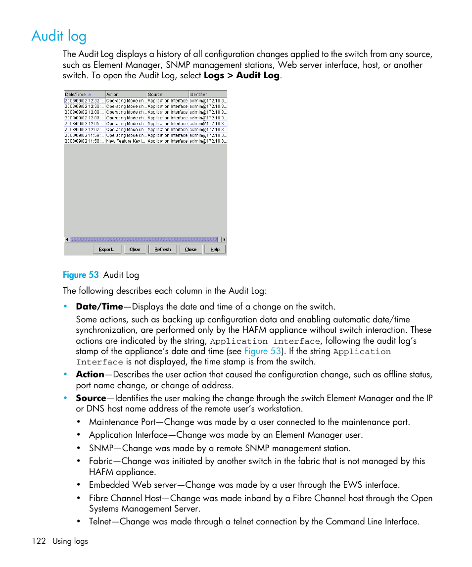 Audit log, Figure 53 audit log, 53 audit log | HP StorageWorks 2.32 Edge Switch User Manual | Page 122 / 202
