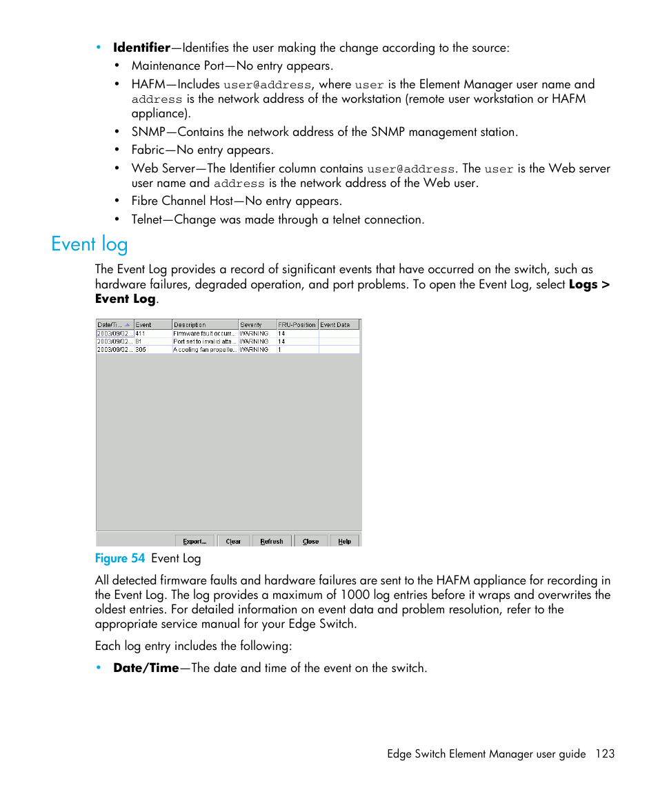 Event log, Figure 54 event log, 54 event log | HP StorageWorks 2.32 Edge Switch User Manual | Page 123 / 202