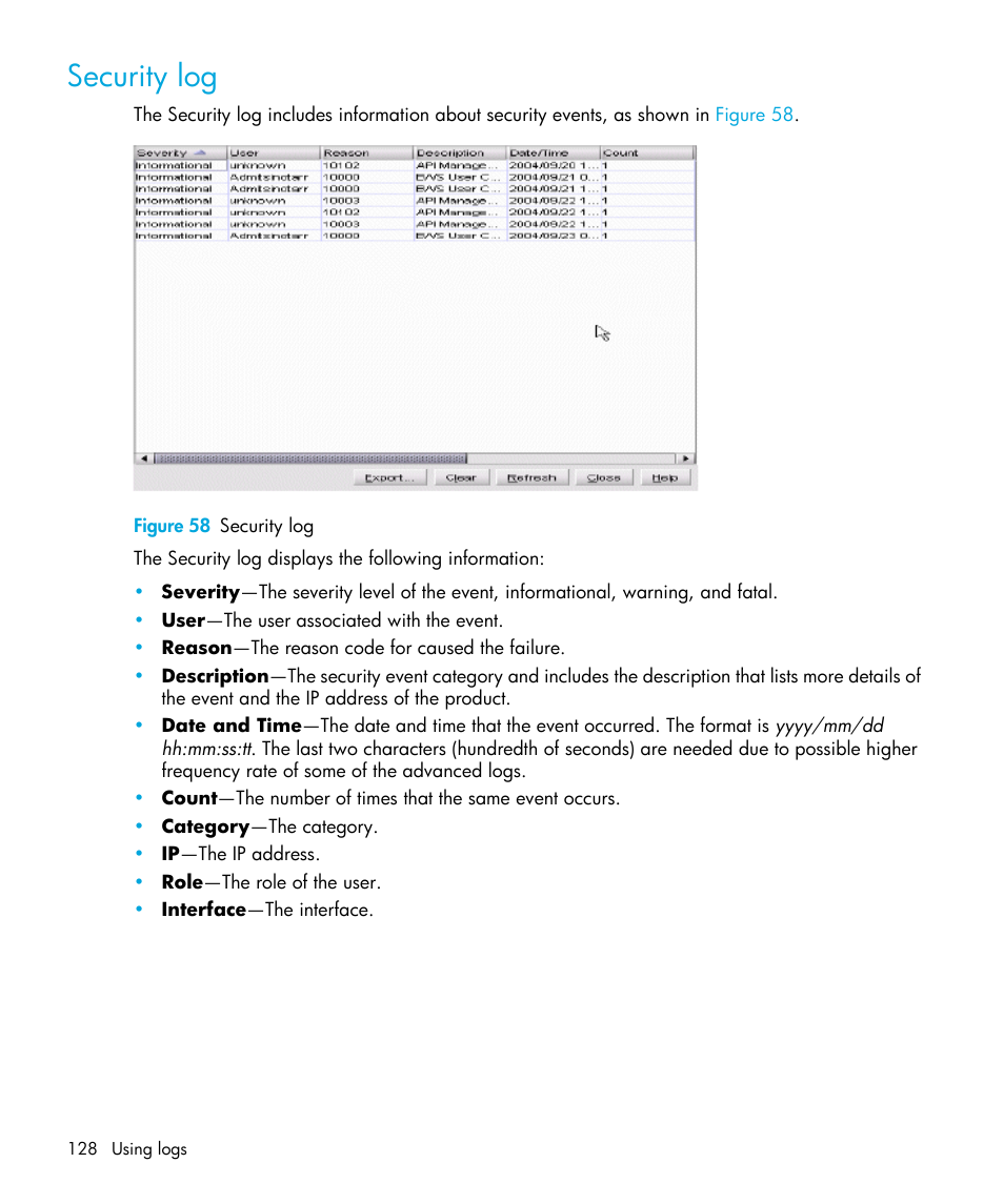 Security log, Figure 58 security log, 58 security log | HP StorageWorks 2.32 Edge Switch User Manual | Page 128 / 202