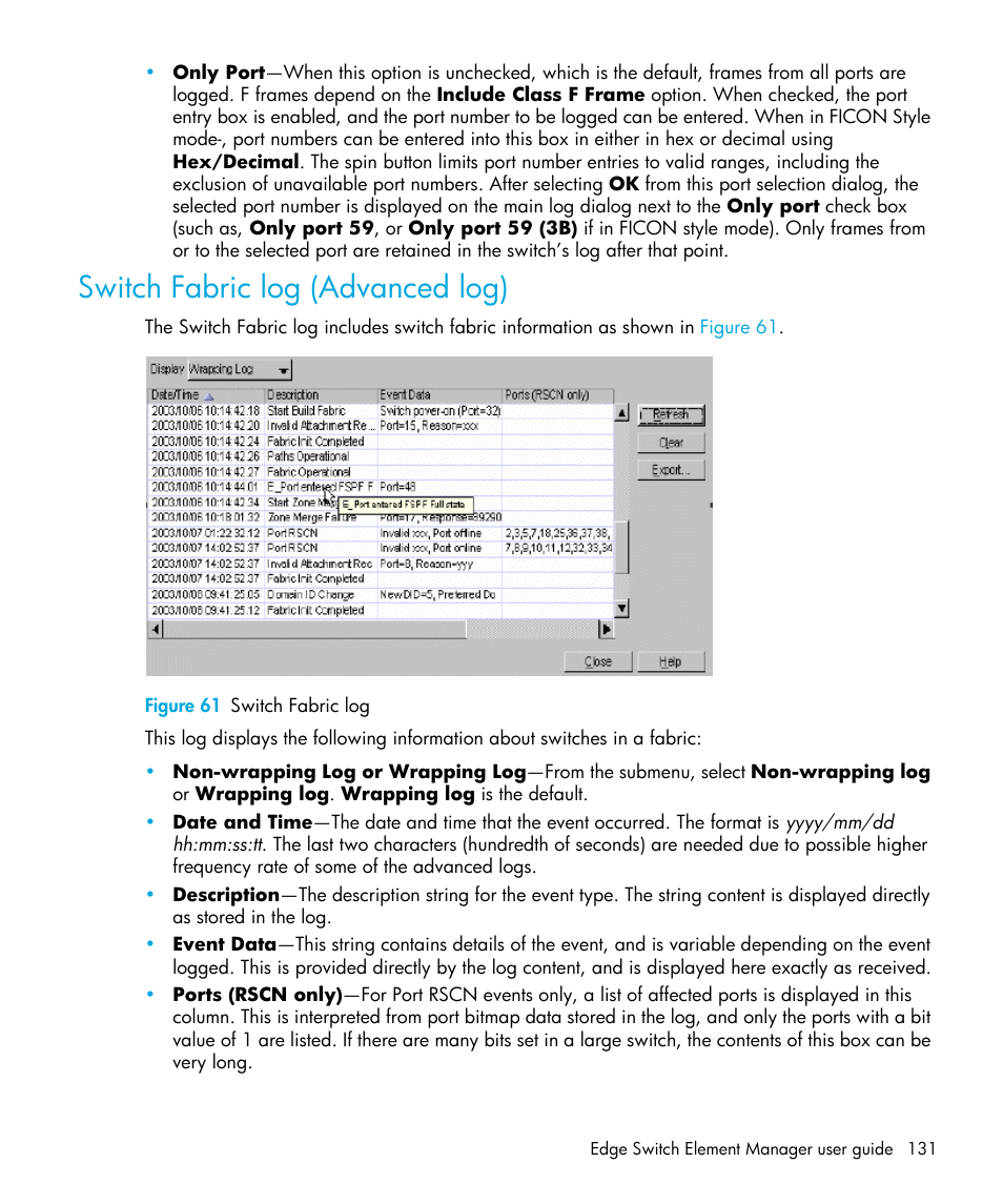 Switch fabric log (advanced log), Figure 61 switch fabric log, 61 switch fabric log | Switch, Fabric log (advanced log) | HP StorageWorks 2.32 Edge Switch User Manual | Page 131 / 202