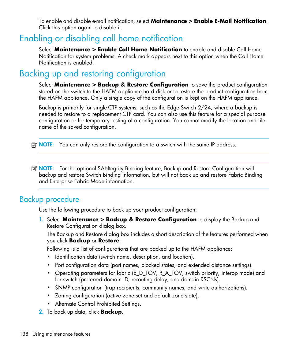 Enabling or disabling call home notification, Backing up and restoring configuration, Backup procedure | HP StorageWorks 2.32 Edge Switch User Manual | Page 138 / 202