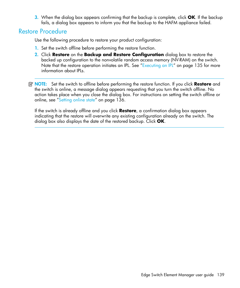 Restore procedure | HP StorageWorks 2.32 Edge Switch User Manual | Page 139 / 202