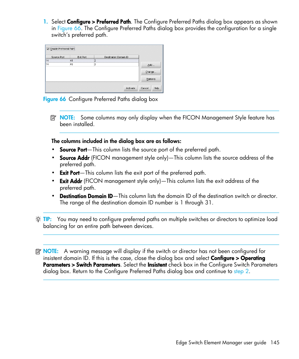 Figure 66 configure preferred paths dialog box, 66 configure preferred paths dialog box | HP StorageWorks 2.32 Edge Switch User Manual | Page 145 / 202
