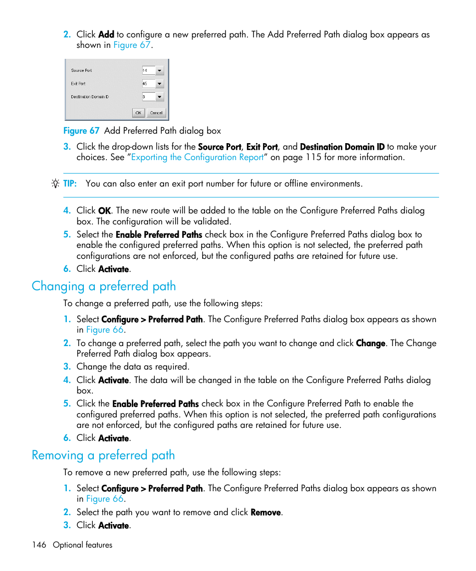 Figure 67 add preferred path dialog box, Changing a preferred path, Removing a preferred path | 67 add preferred path dialog box | HP StorageWorks 2.32 Edge Switch User Manual | Page 146 / 202