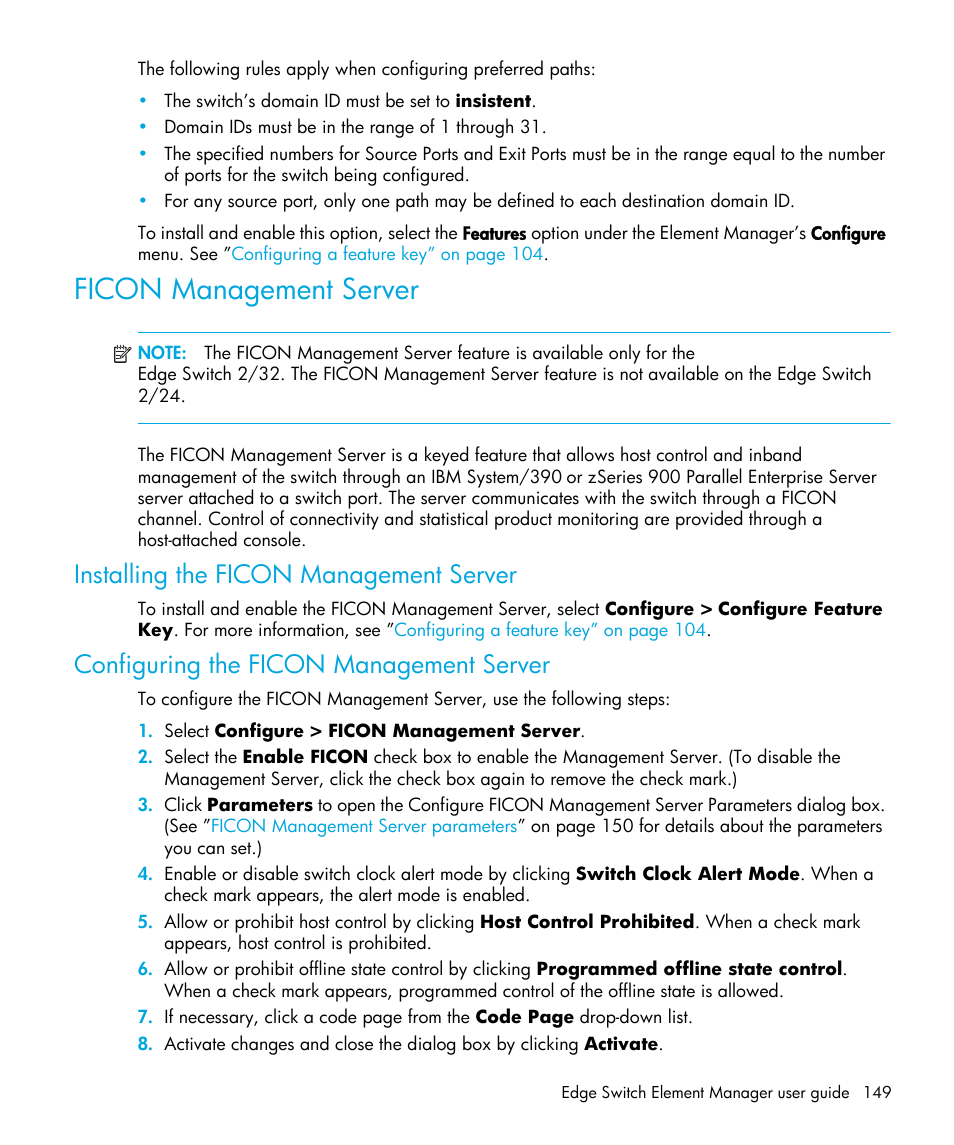 Ficon management server, Installing the ficon management server, Configuring the ficon management server | HP StorageWorks 2.32 Edge Switch User Manual | Page 149 / 202