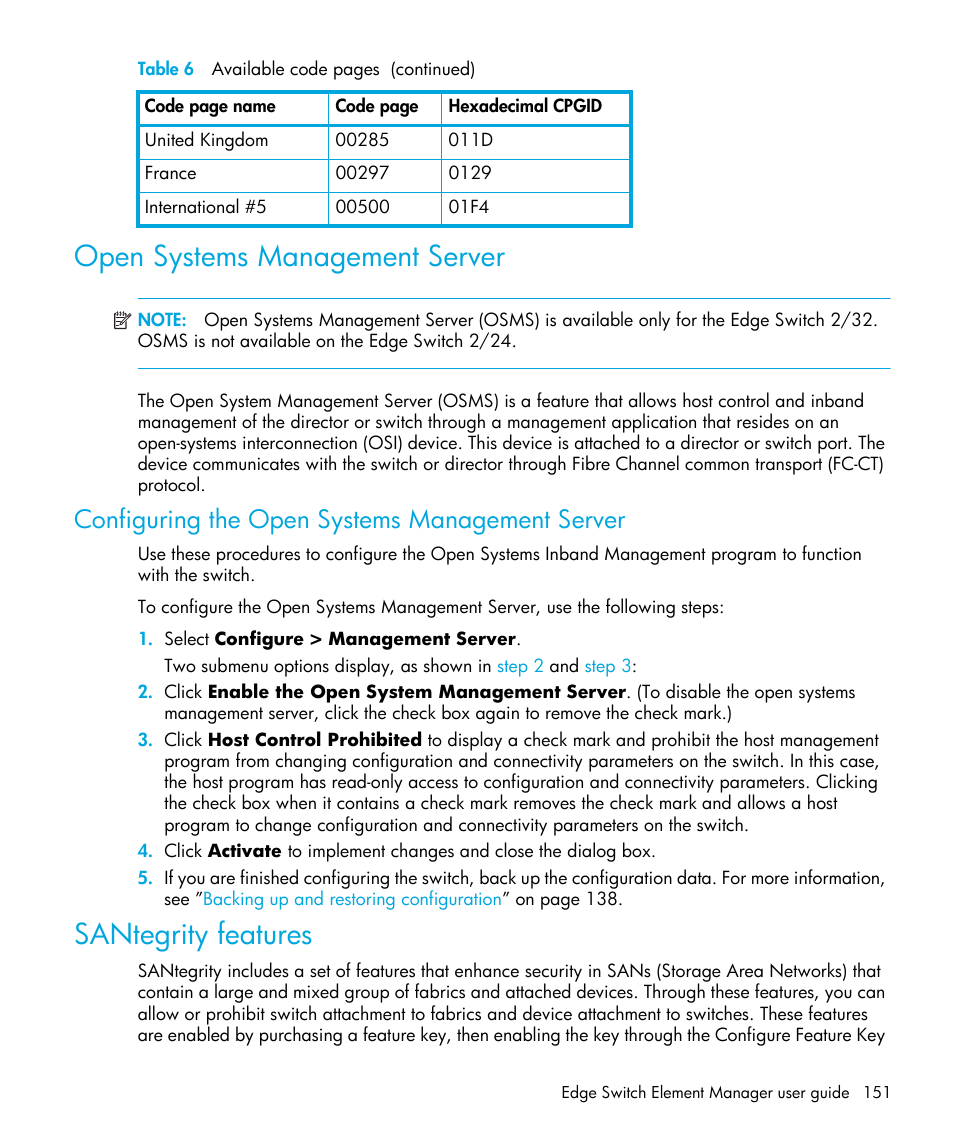 Open systems management server, Configuring the open systems management server, Santegrity features | Open, Systems management server | HP StorageWorks 2.32 Edge Switch User Manual | Page 151 / 202