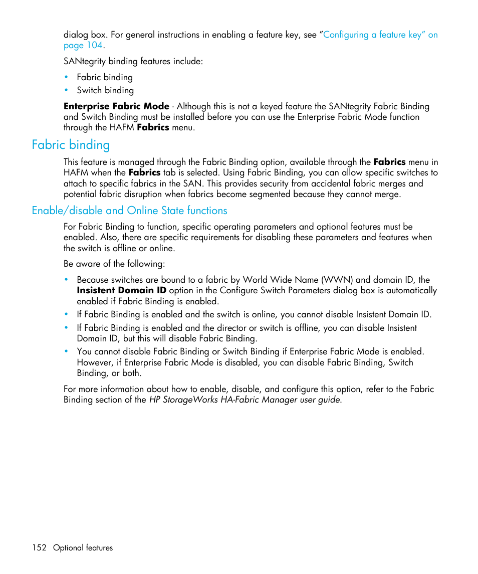 Fabric binding, Enable/disable and online state functions | HP StorageWorks 2.32 Edge Switch User Manual | Page 152 / 202