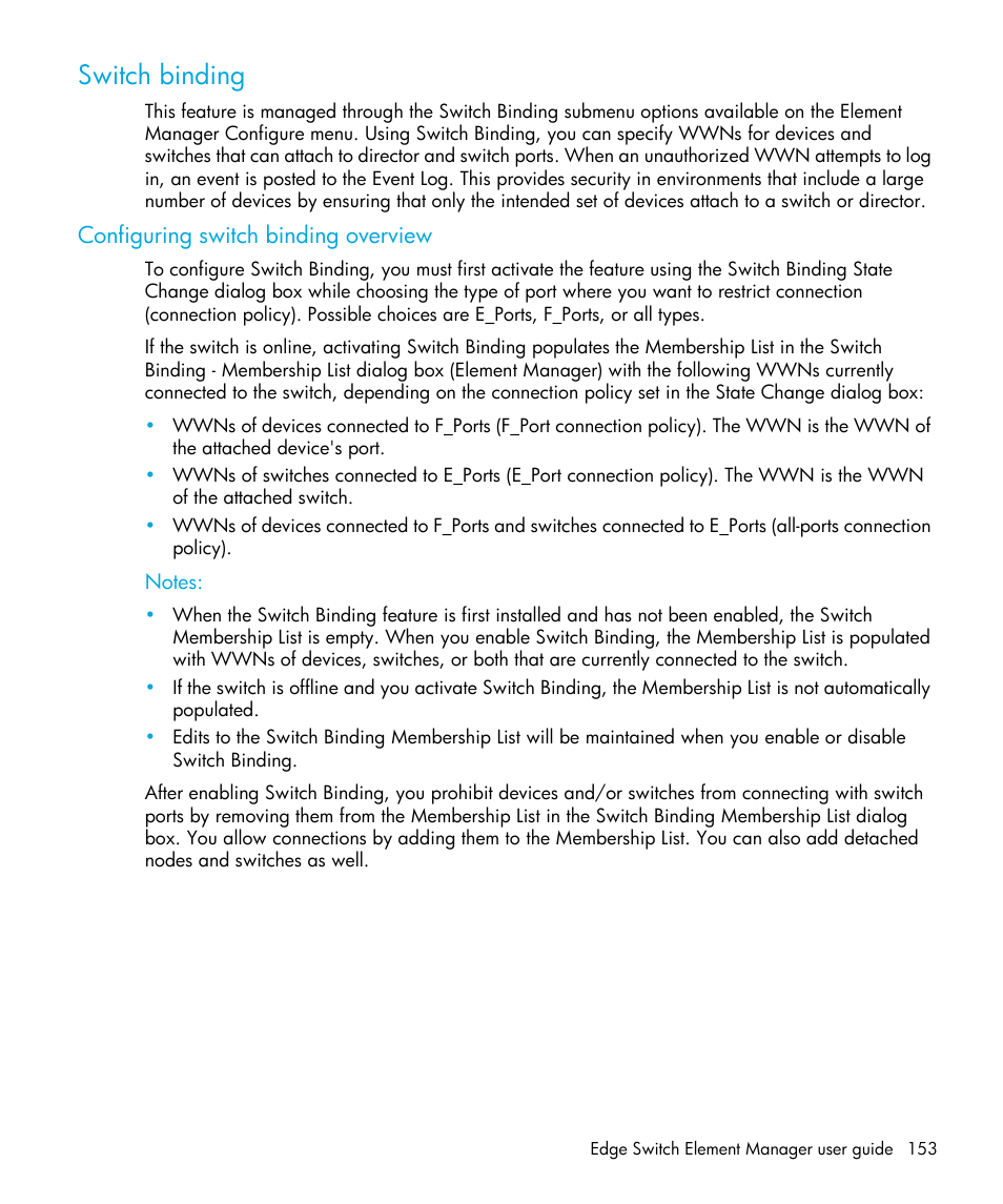 Switch binding, Configuring switch binding overview, Notes | HP StorageWorks 2.32 Edge Switch User Manual | Page 153 / 202