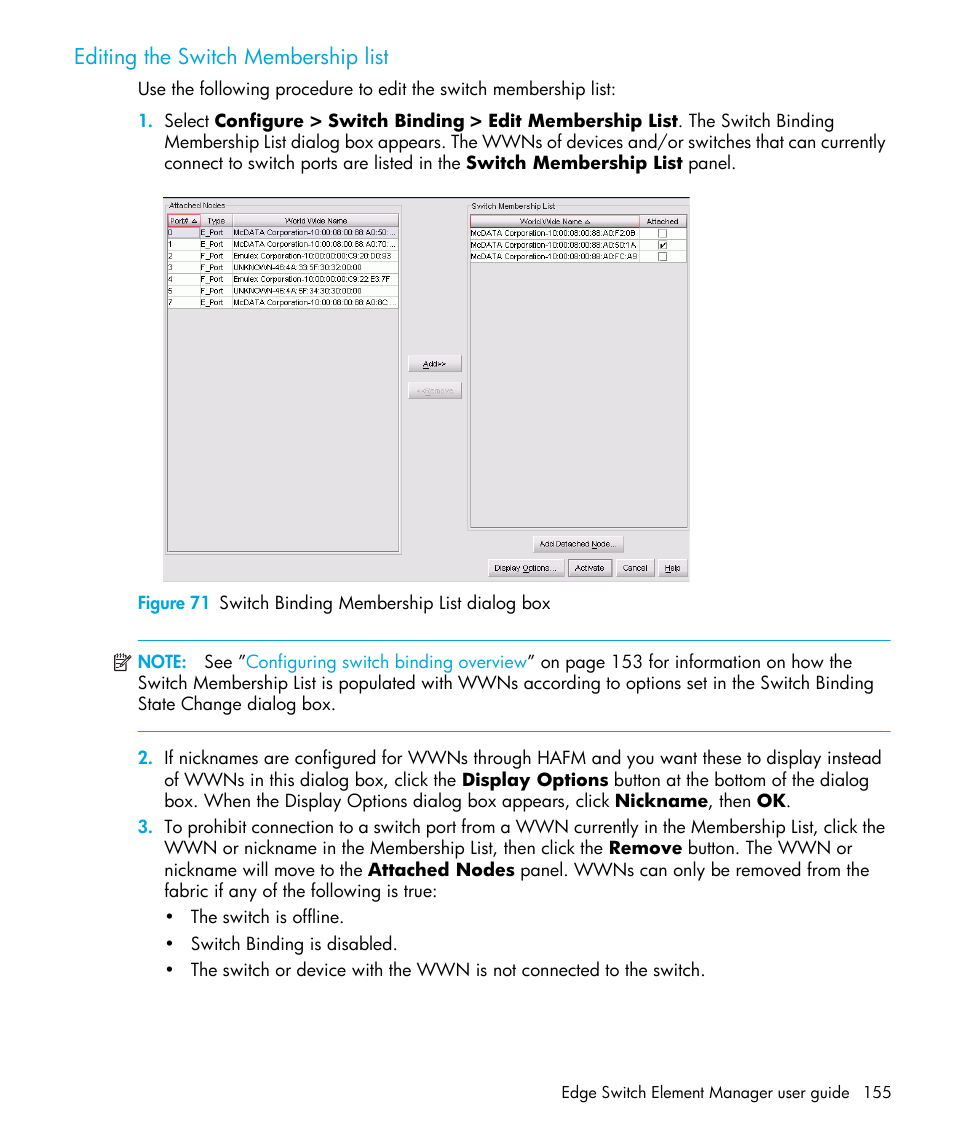 Editing the switch membership list, 71 switch binding membership list dialog box, Editing the | Switch membership list | HP StorageWorks 2.32 Edge Switch User Manual | Page 155 / 202