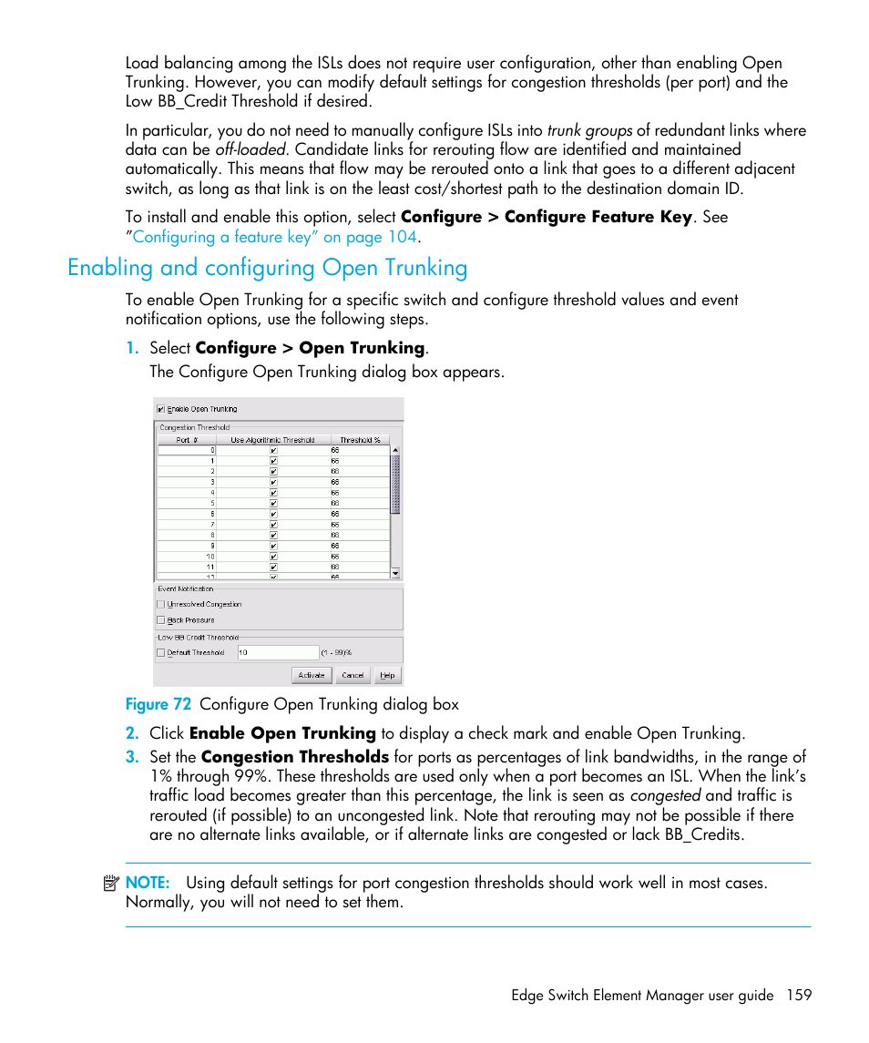 Enabling and configuring open trunking, Figure 72 configure open trunking dialog box, 72 configure open trunking dialog box | HP StorageWorks 2.32 Edge Switch User Manual | Page 159 / 202