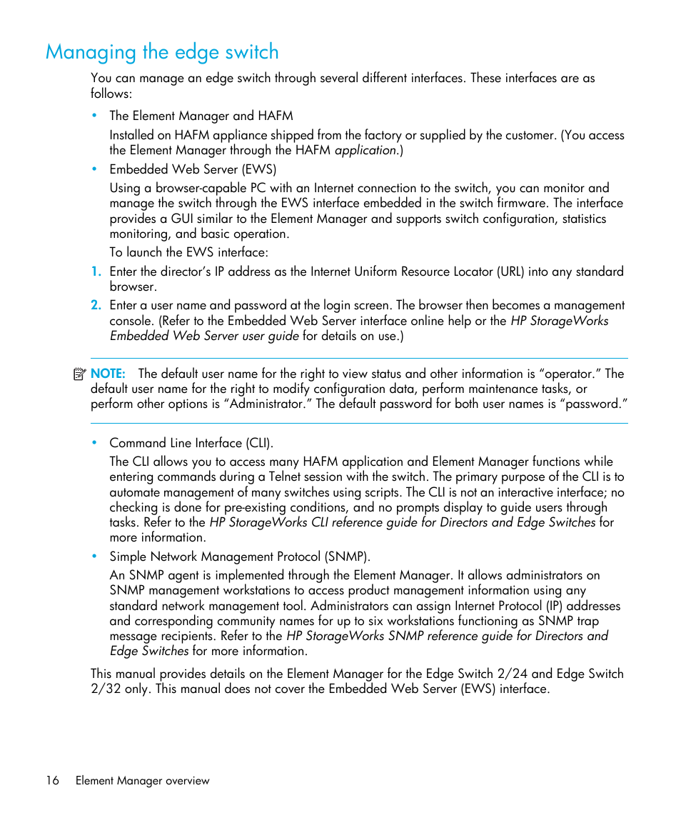 Managing the edge switch | HP StorageWorks 2.32 Edge Switch User Manual | Page 16 / 202