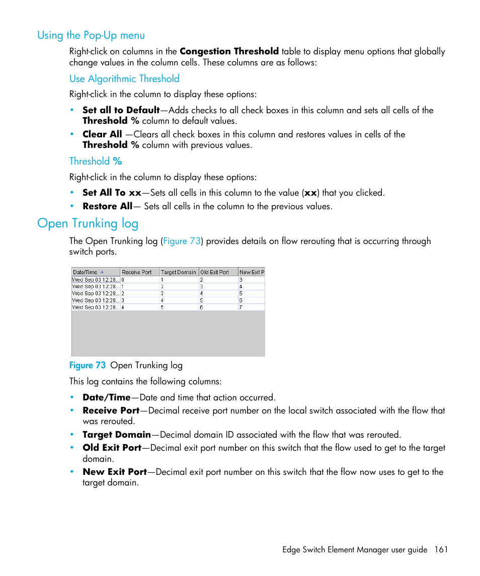 Using the pop-up menu, Use algorithmic threshold, Threshold | Open trunking log, Figure 73 open trunking log, 73 open trunking log, Og, see | HP StorageWorks 2.32 Edge Switch User Manual | Page 161 / 202