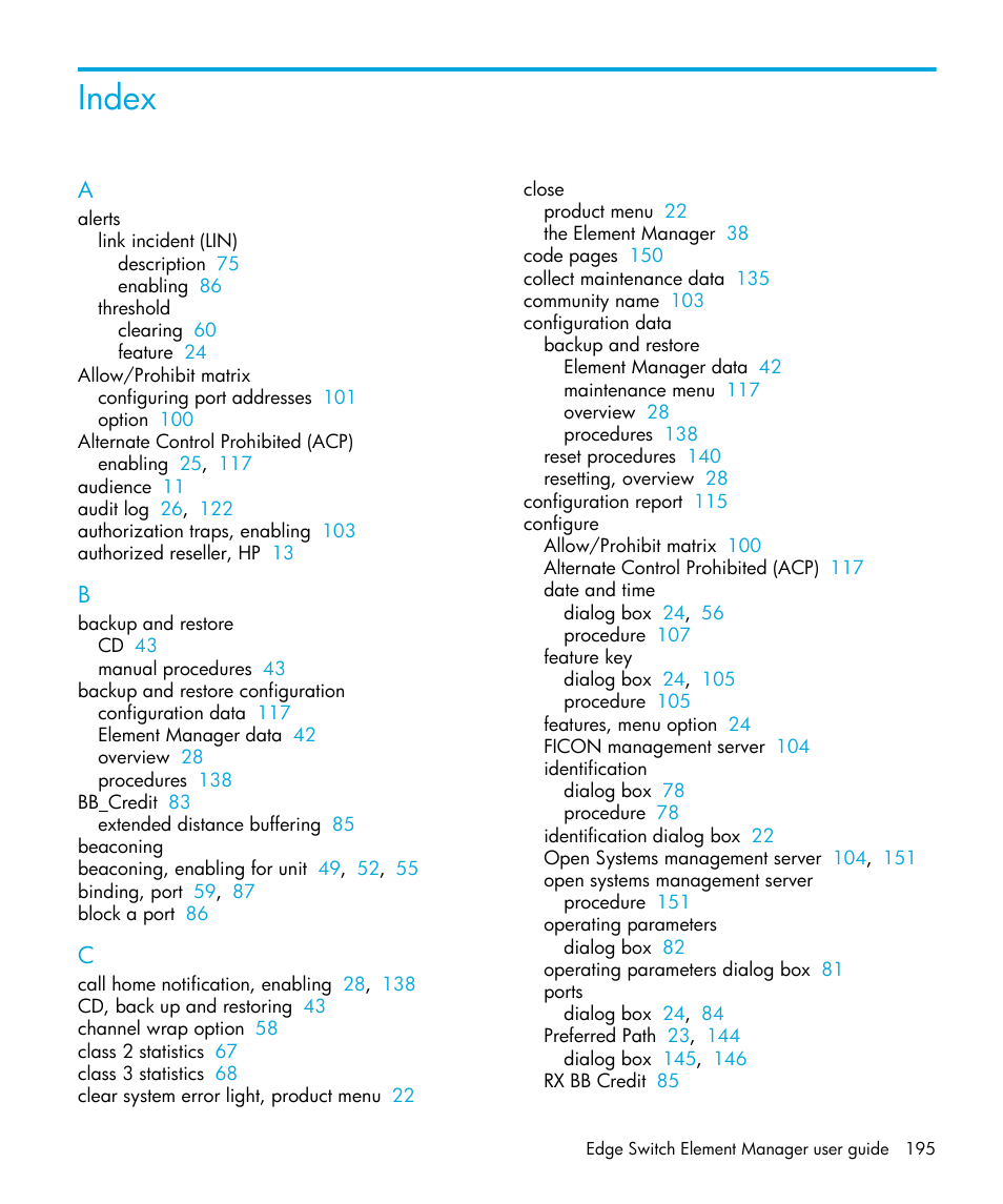 Index | HP StorageWorks 2.32 Edge Switch User Manual | Page 195 / 202