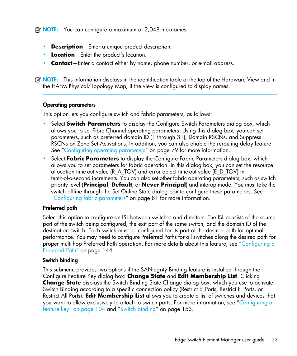 Operating parameters, Preferred path, Switch binding | HP StorageWorks 2.32 Edge Switch User Manual | Page 23 / 202