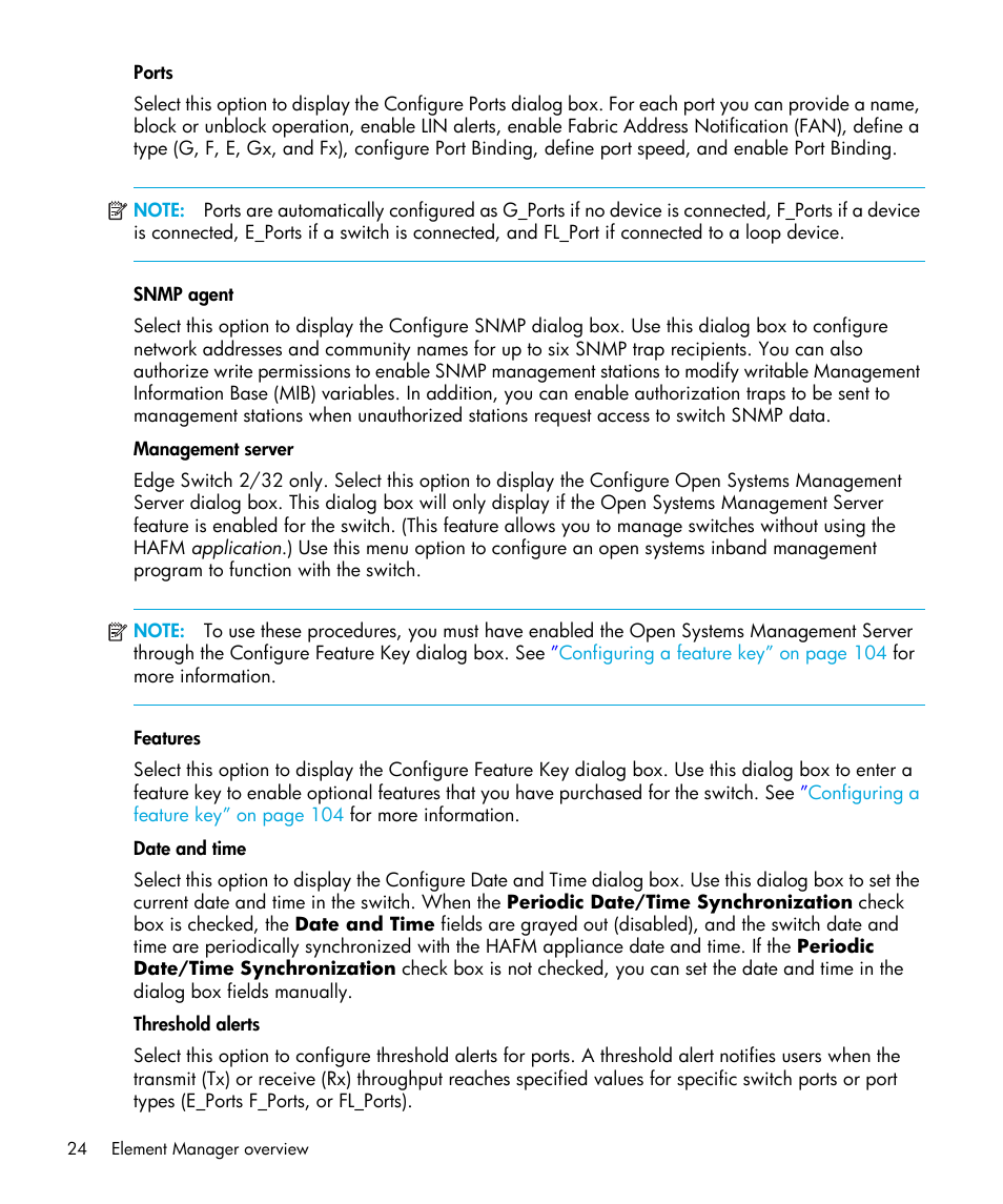 Ports, Snmp agent, Management server | Features, Date and time, Threshold alerts | HP StorageWorks 2.32 Edge Switch User Manual | Page 24 / 202