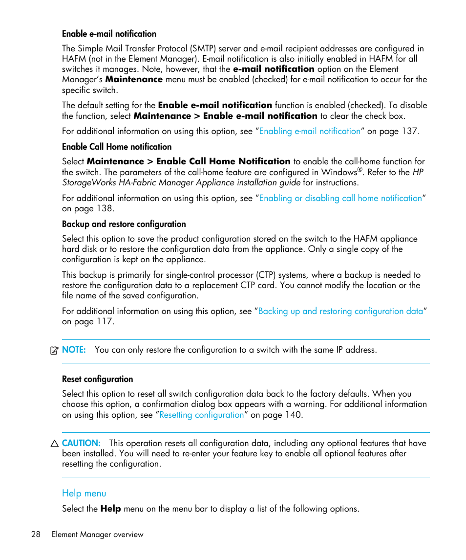 Enable e-mail notification, Enable call home notification, Backup and restore configuration | Reset configuration, Help menu | HP StorageWorks 2.32 Edge Switch User Manual | Page 28 / 202
