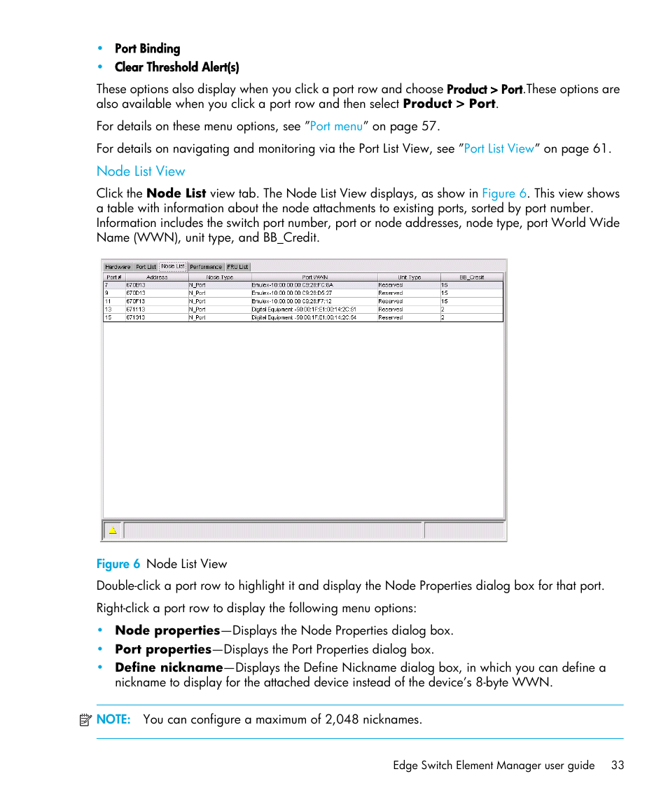 Node list view, Figure 6 node list view, 6 node list view | HP StorageWorks 2.32 Edge Switch User Manual | Page 33 / 202