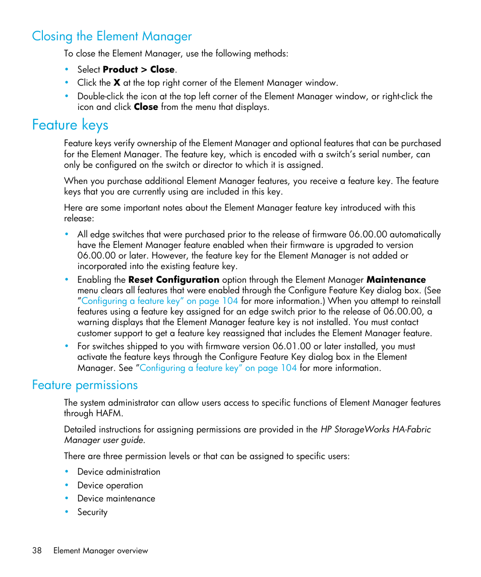 Closing the element manager, Feature keys, Feature permissions | HP StorageWorks 2.32 Edge Switch User Manual | Page 38 / 202