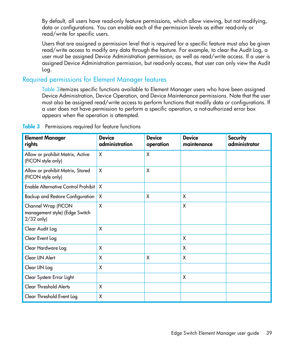 Required permissions for element manager features, Table 3 permissions required for feature functions, 3 permissions required for feature functions | HP StorageWorks 2.32 Edge Switch User Manual | Page 39 / 202